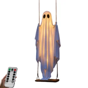 4-6 FT Large Hanging Swing Ghost Halloween Horror Decoration White Ghost with String Lights Cute Ghost Ornaments for Porch Yard