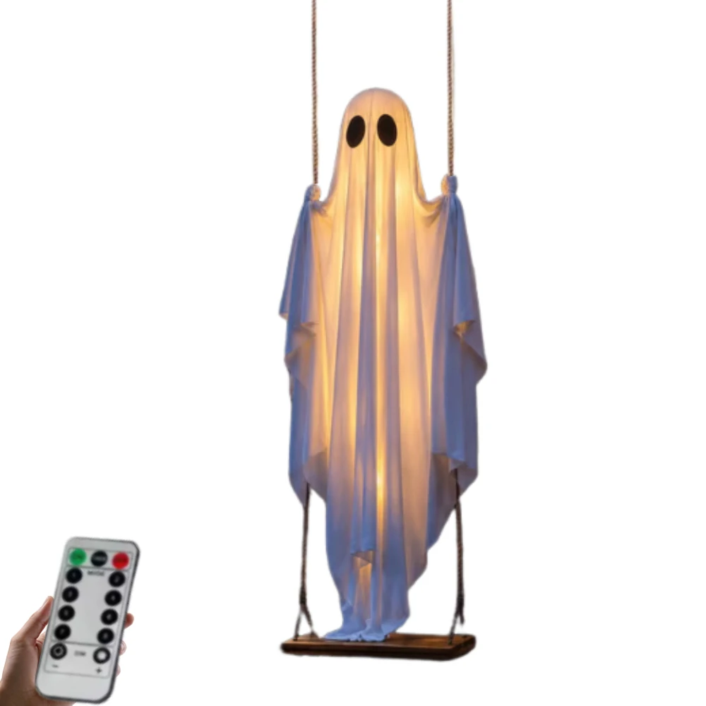 4-6 FT Large Hanging Swing Ghost Halloween Horror Decoration White Ghost with String Lights Cute Ghost Ornaments for Porch Yard