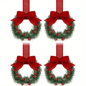 4 pieces of Christmas mini wreaths, window decorations, ribbon bows, red fruits, Christmas party home decorations