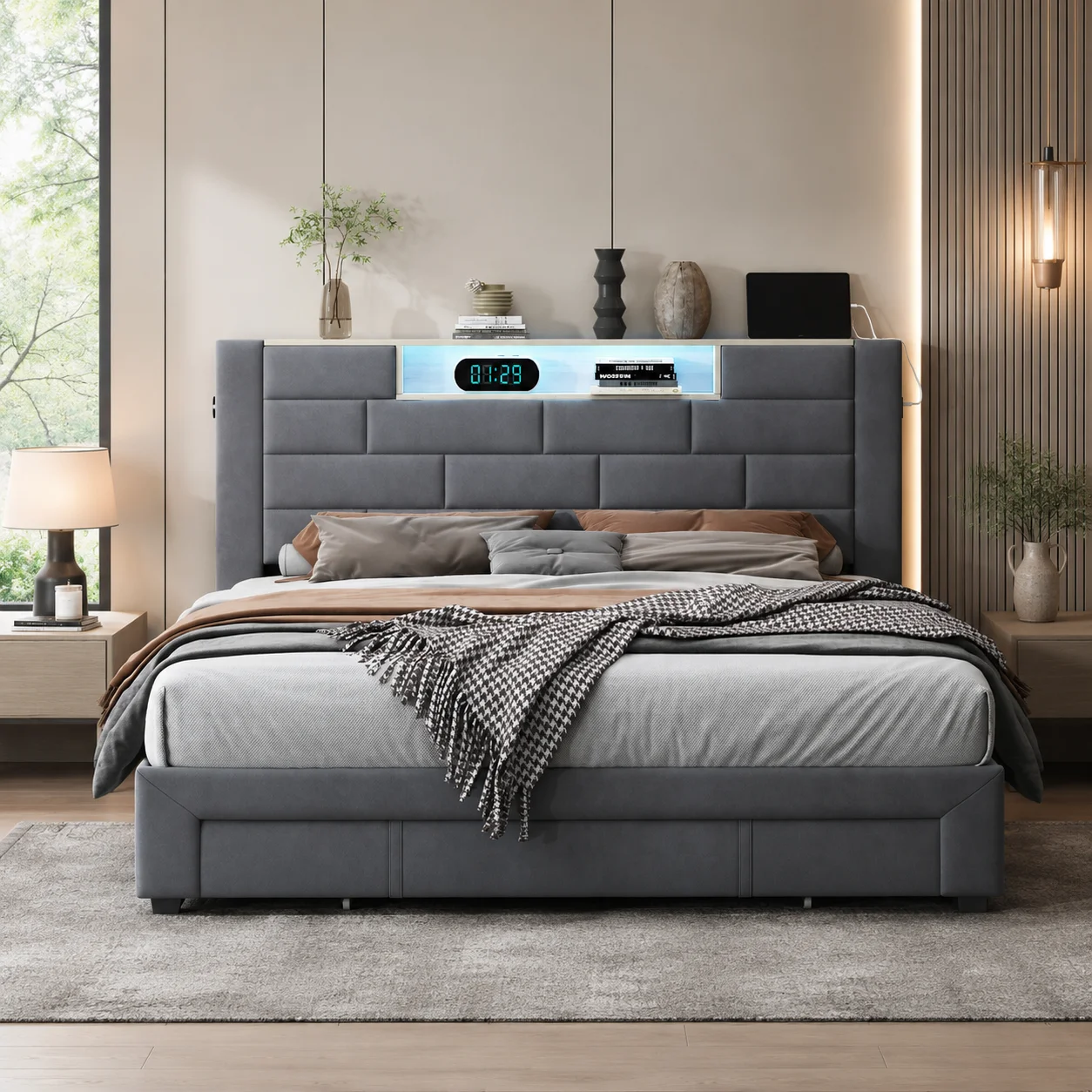 4FT6 Double Bed with Storage, Double Ottoman Bed with 3 Drawers and Upholstered Headboard, Upholstered Bed Frame for Bedrooms, Velvet, Grey - Image 3