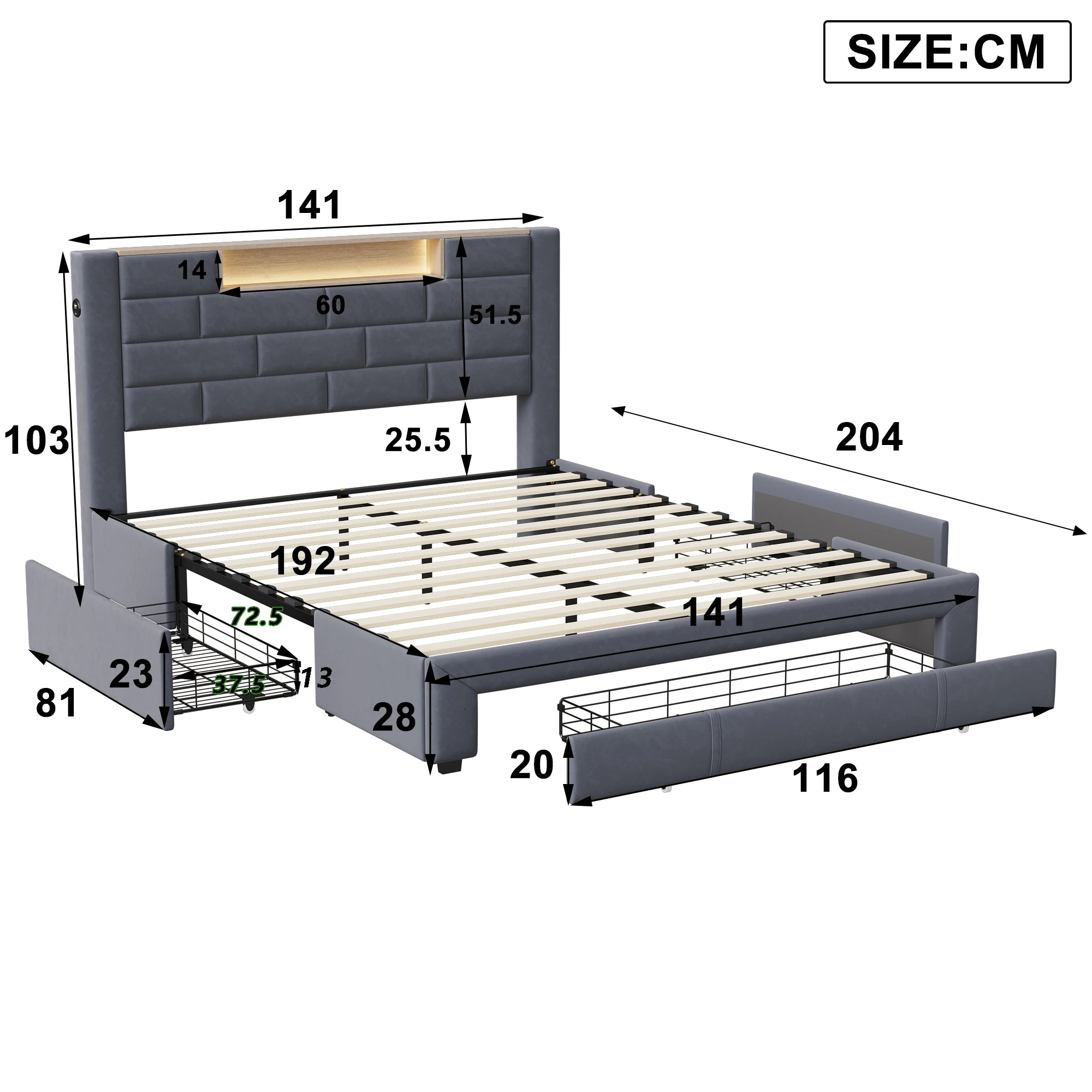 4FT6 Double Bed with Storage, Double Ottoman Bed with 3 Drawers and Upholstered Headboard, Upholstered Bed Frame for Bedrooms, Velvet, Grey - Image 2