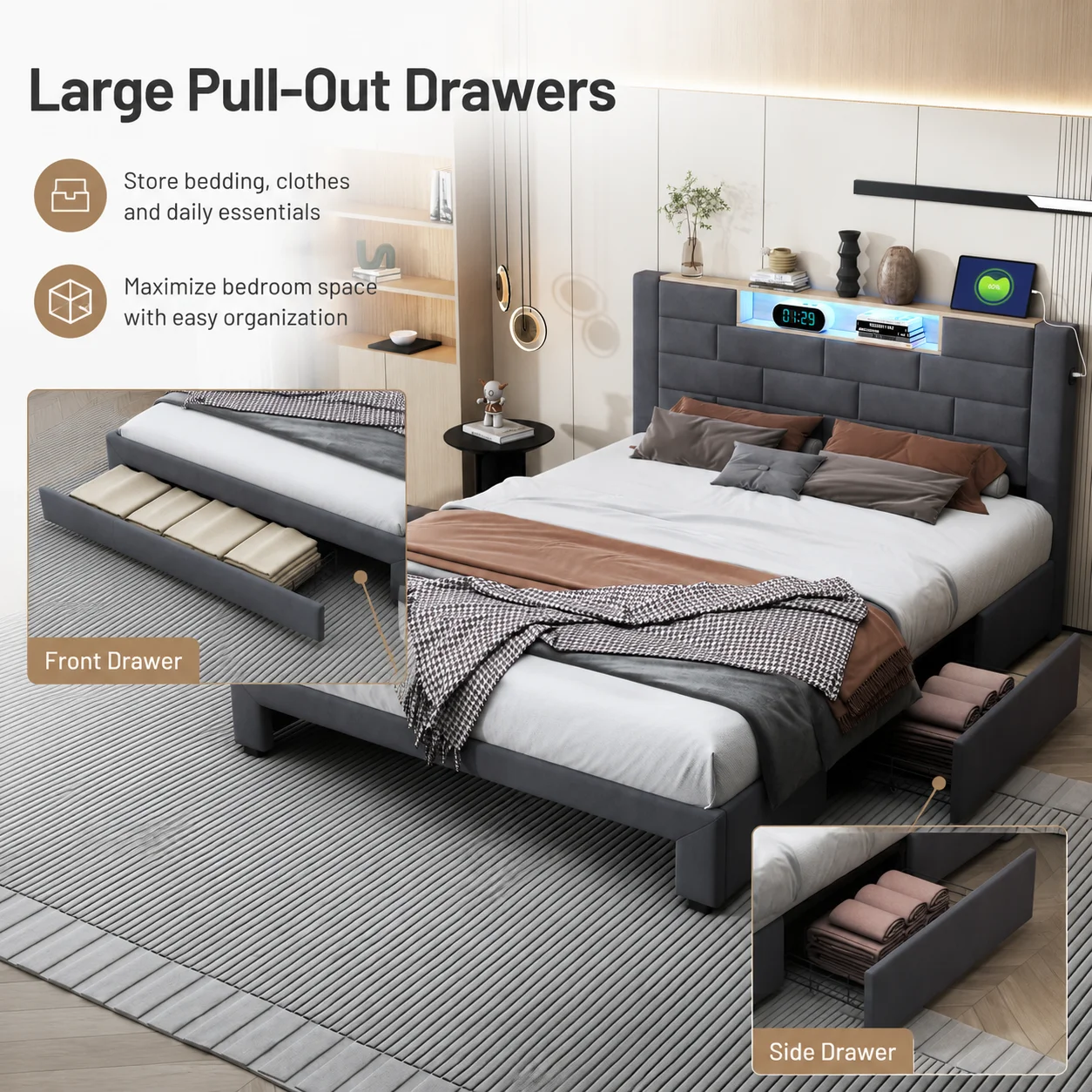 4FT6 Double Bed with Storage, Double Ottoman Bed with 3 Drawers and Upholstered Headboard, Upholstered Bed Frame for Bedrooms, Velvet, Grey - Image 7