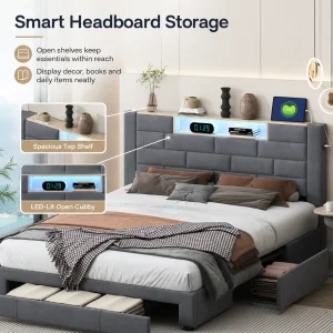 4FT6 Double Bed with Storage, Double Ottoman Bed with 3 Drawers and Upholstered Headboard, Upholstered Bed Frame for Bedrooms, Velvet, Grey