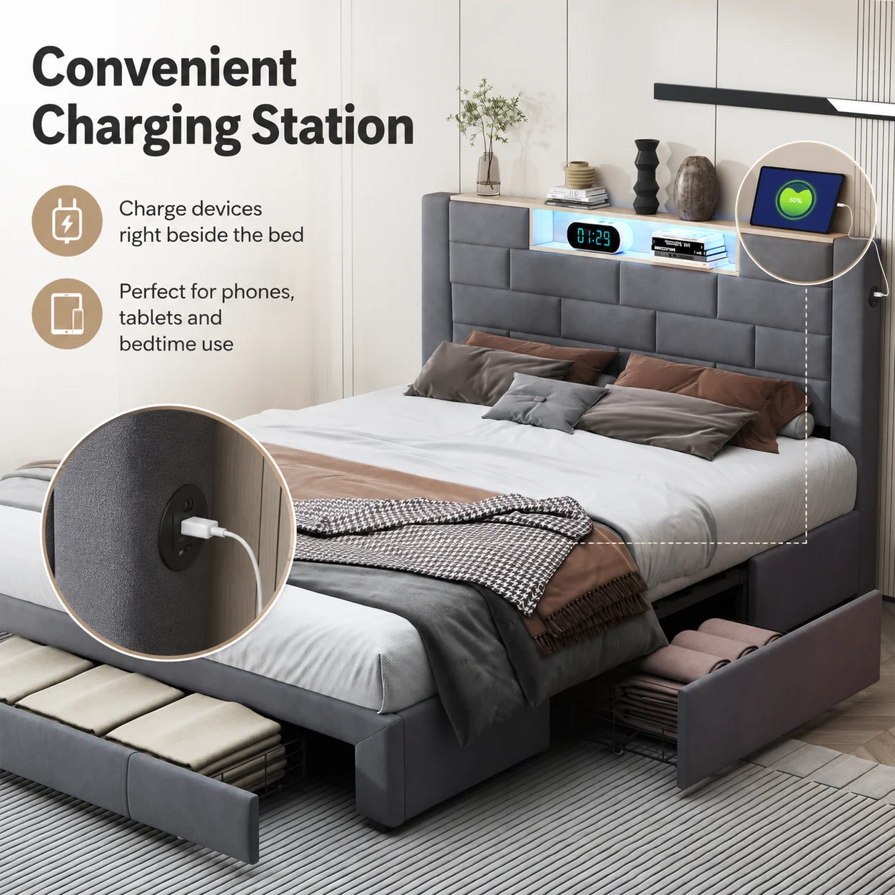 4FT6 Double Bed with Storage, Double Ottoman Bed with 3 Drawers and Upholstered Headboard, Upholstered Bed Frame for Bedrooms, Velvet, Grey - Image 4