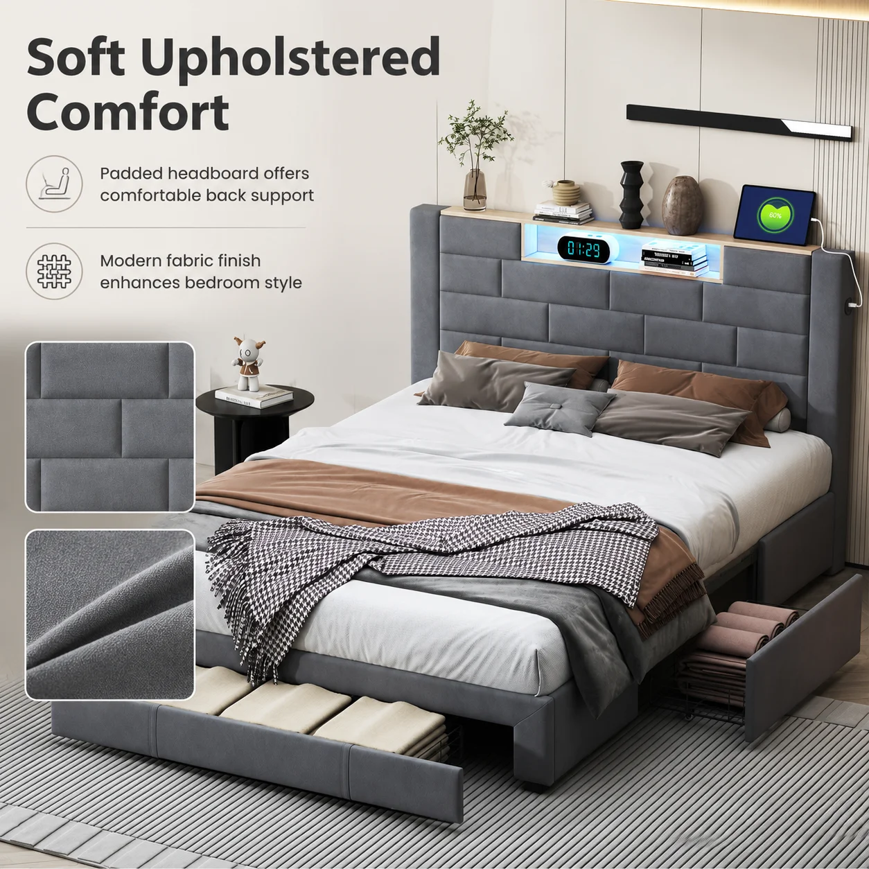 4FT6 Double Bed with Storage, Double Ottoman Bed with 3 Drawers and Upholstered Headboard, Upholstered Bed Frame for Bedrooms, Velvet, Grey - Image 8