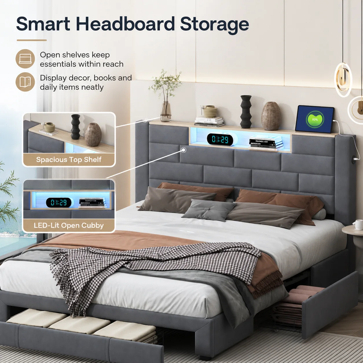 4FT6 Double Bed with Storage, Double Ottoman Bed with 3 Drawers and Upholstered Headboard, Upholstered Bed Frame for Bedrooms, Velvet, Grey