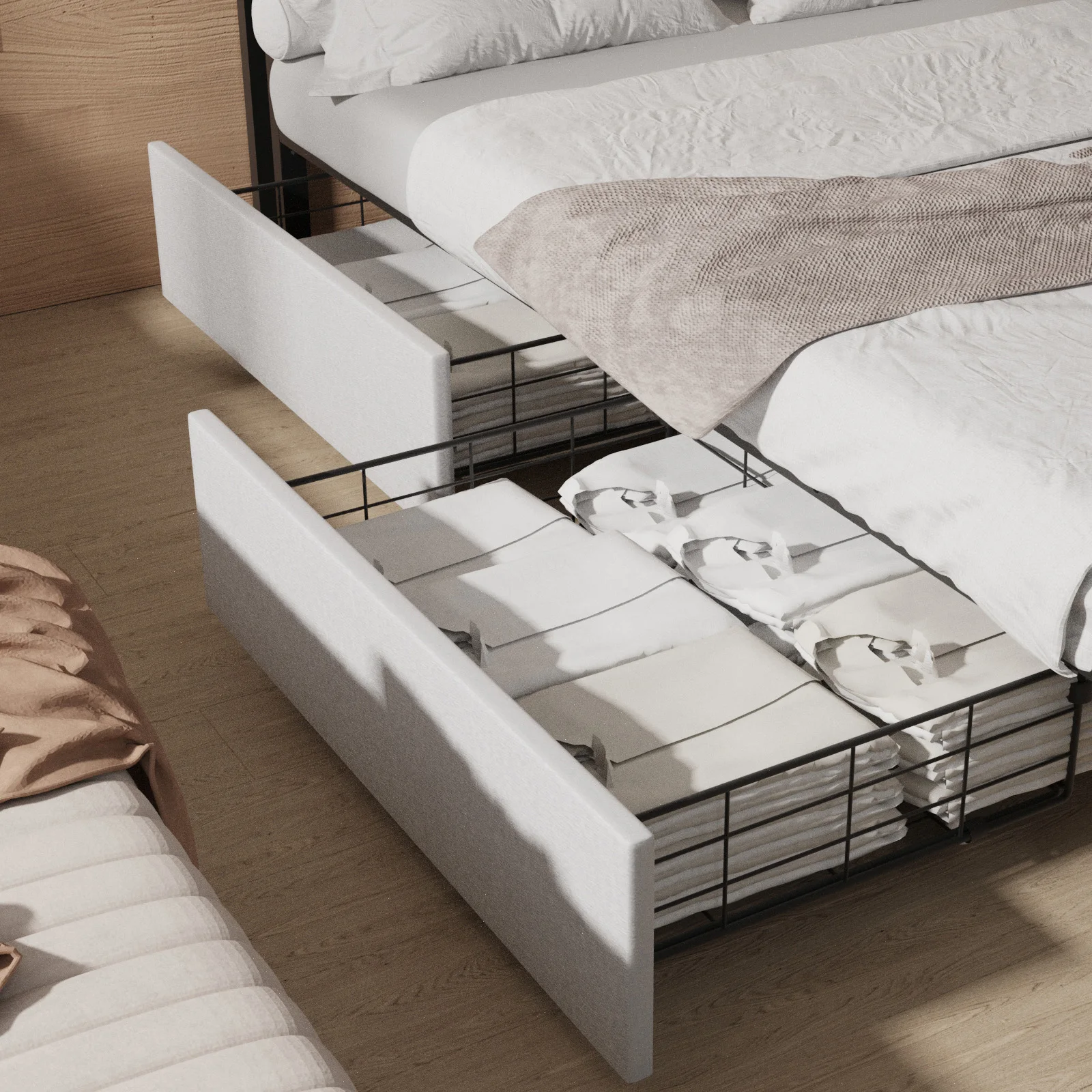 4FT6 Double Size Bed Frame And 2-Tier Headboard, Upholstered Led Bed Frame With 4 Storage Drawers, Led Light And Charging Station, Wooden Slats Support, No Box Spring Needed, NO Noise, Easy Assembly - Image 2
