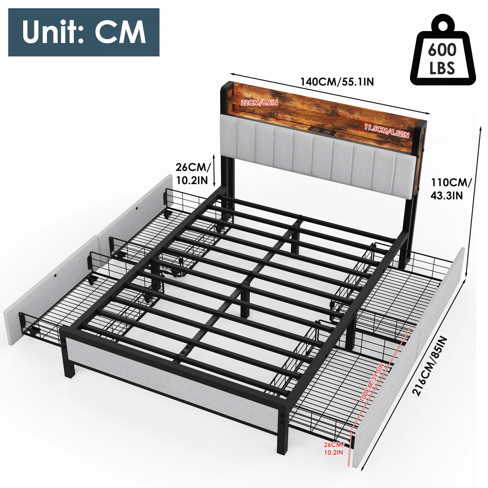 4FT6 Double Size Bed Frame And 2-Tier Headboard, Upholstered Led Bed Frame With 4 Storage Drawers, Led Light And Charging Station, Wooden Slats Support, No Box Spring Needed, NO Noise, Easy Assembly - Image 4
