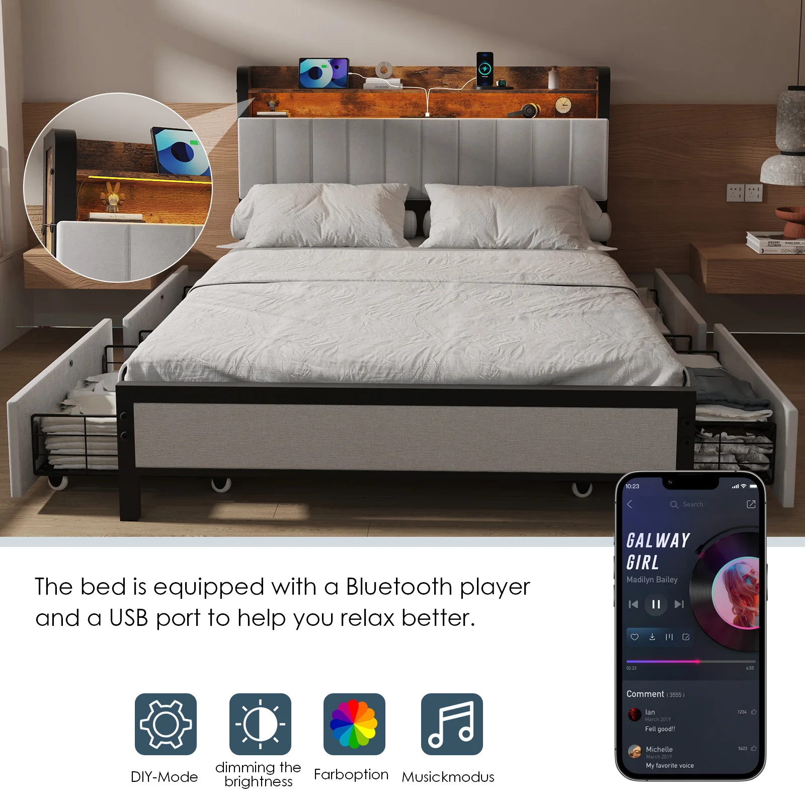 4FT6 Double Size Bed Frame And 2-Tier Headboard, Upholstered Led Bed Frame With 4 Storage Drawers, Led Light And Charging Station, Wooden Slats Support, No Box Spring Needed, NO Noise, Easy Assembly - Image 7