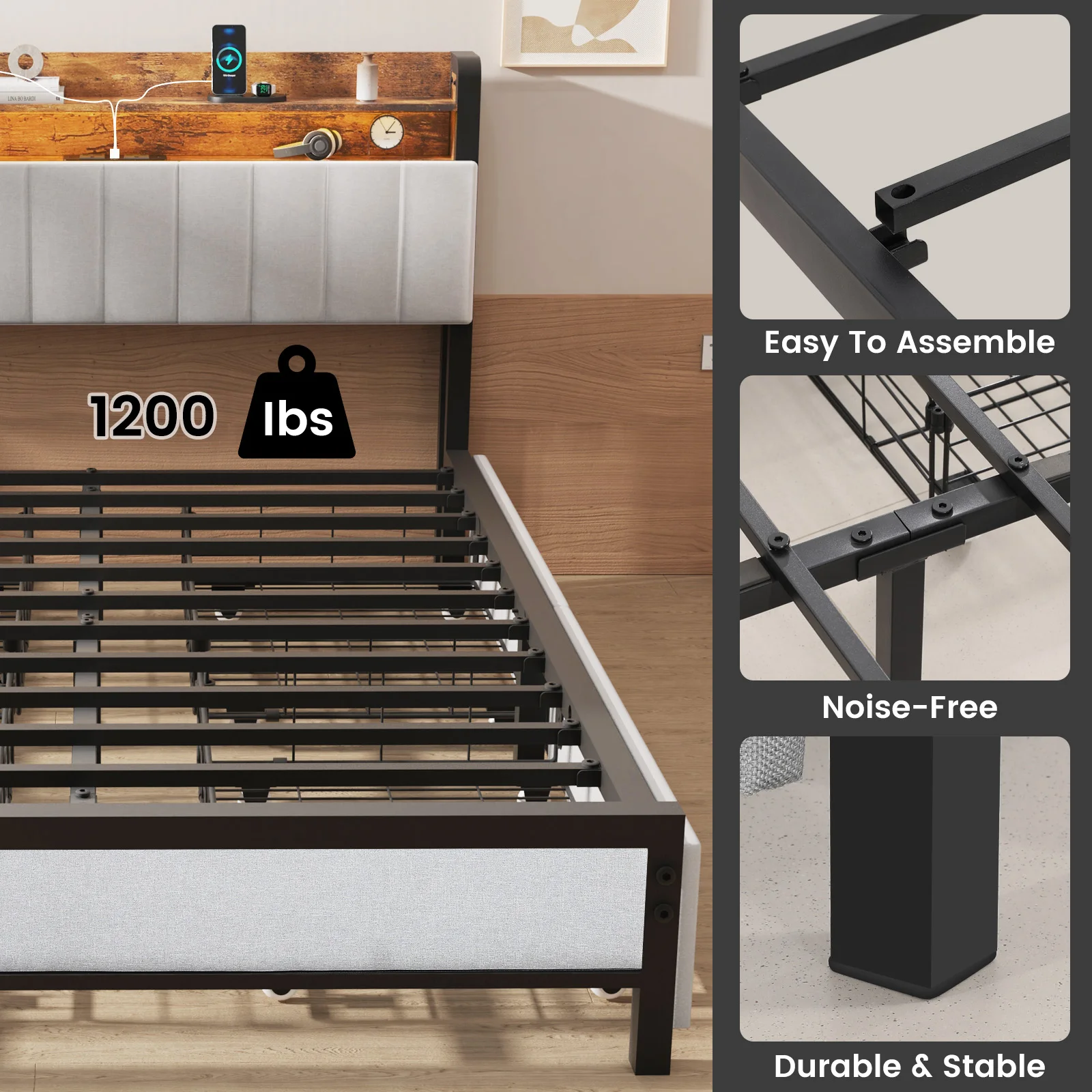 4FT6 Double Size Bed Frame And 2-Tier Headboard, Upholstered Led Bed Frame With 4 Storage Drawers, Led Light And Charging Station, Wooden Slats Support, No Box Spring Needed, NO Noise, Easy Assembly - Image 3