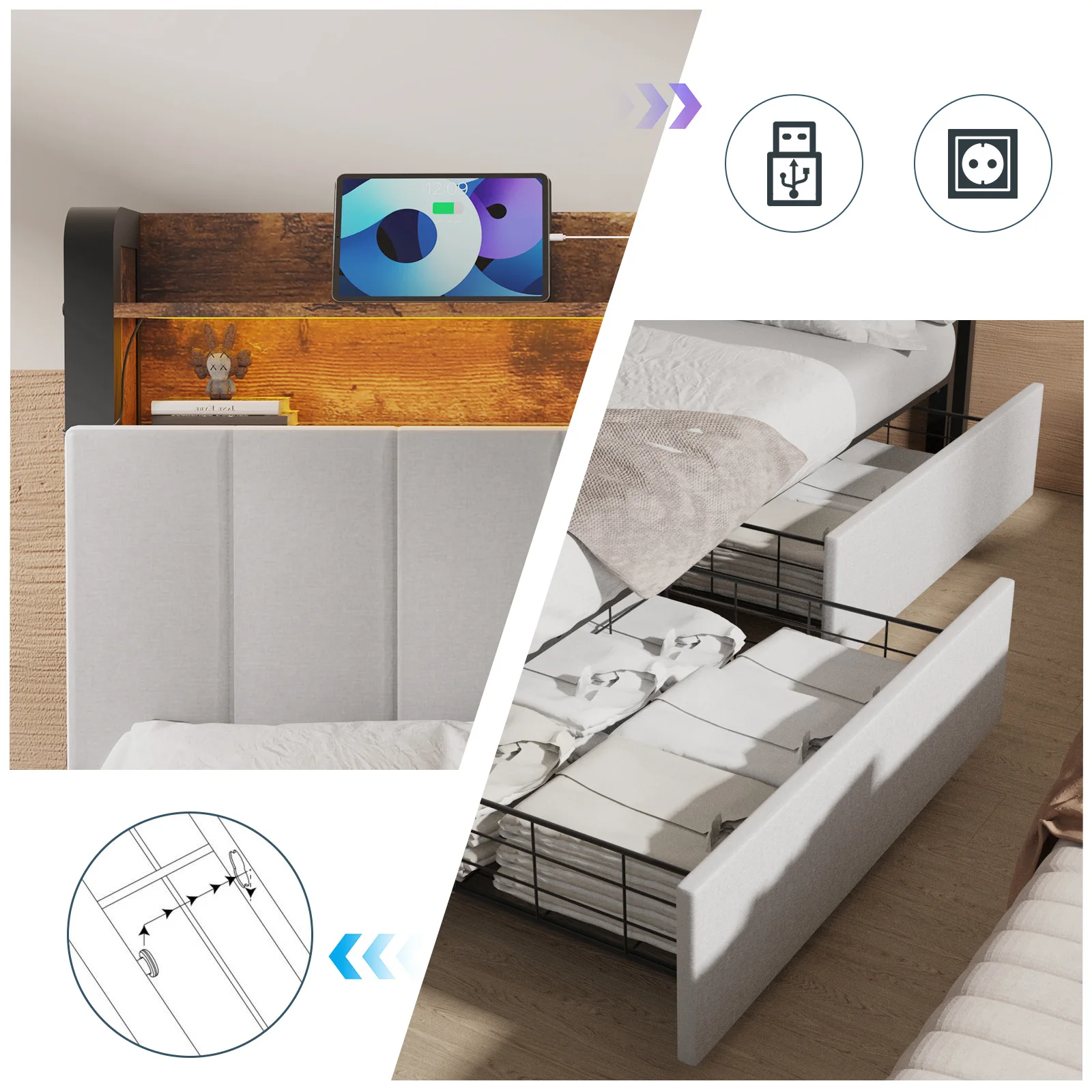 4FT6 Double Size Bed Frame And 2-Tier Headboard, Upholstered Led Bed Frame With 4 Storage Drawers, Led Light And Charging Station, Wooden Slats Support, No Box Spring Needed, NO Noise, Easy Assembly - Image 5