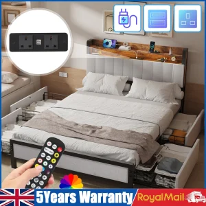 4FT6 Double Size Bed Frame And 2-Tier Headboard, Upholstered Led Bed Frame With 4 Storage Drawers, Led Light And Charging Station, Wooden Slats Support, No Box Spring Needed, NO Noise, Easy Assembly