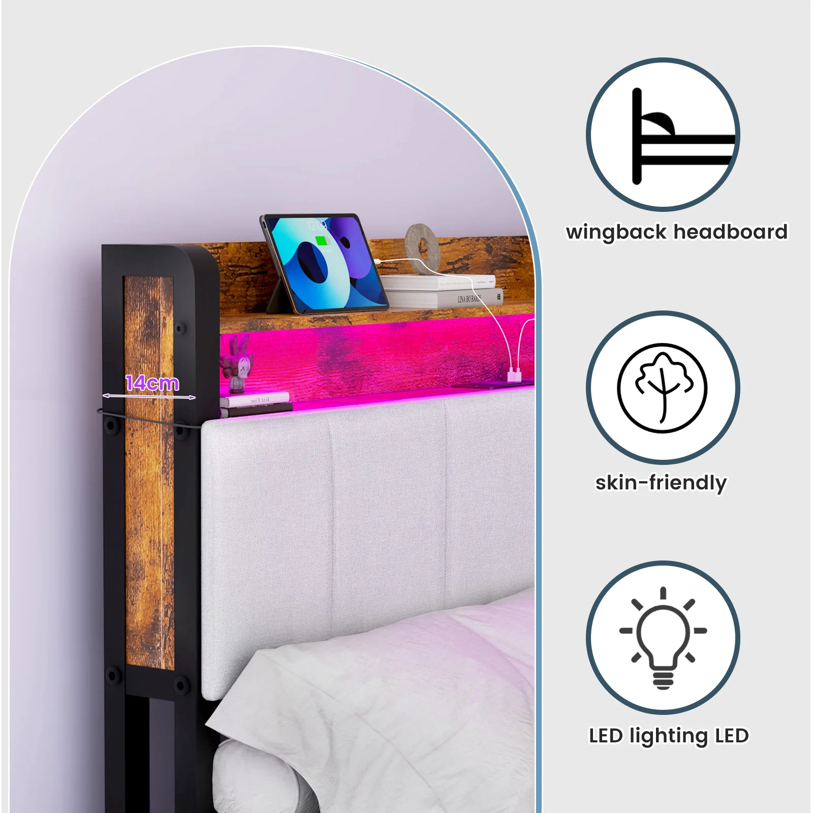 4FT6 Double Size Bed Frame And 2-Tier Headboard, Upholstered Led Bed Frame With 4 Storage Drawers, Led Light And Charging Station, Wooden Slats Support, No Box Spring Needed, NO Noise, Easy Assembly - Image 6