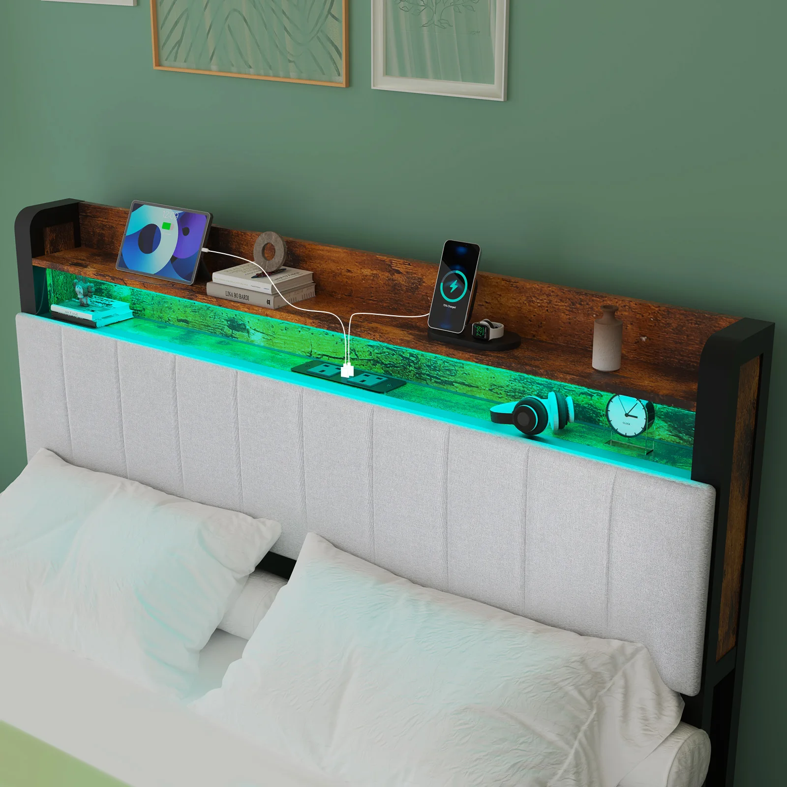 4FT6 Double Size Bed Frame And 2-Tier Headboard, Upholstered Led Bed Frame With 4 Storage Drawers, Led Light And Charging Station, Wooden Slats Support, No Box Spring Needed, NO Noise, Easy Assembly - Image 8