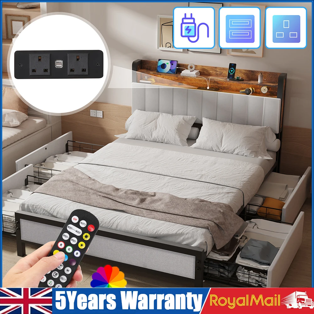 4FT6 Double Size Bed Frame And 2-Tier Headboard, Upholstered Led Bed Frame With 4 Storage Drawers, Led Light And Charging Station, Wooden Slats Support, No Box Spring Needed, NO Noise, Easy Assembly