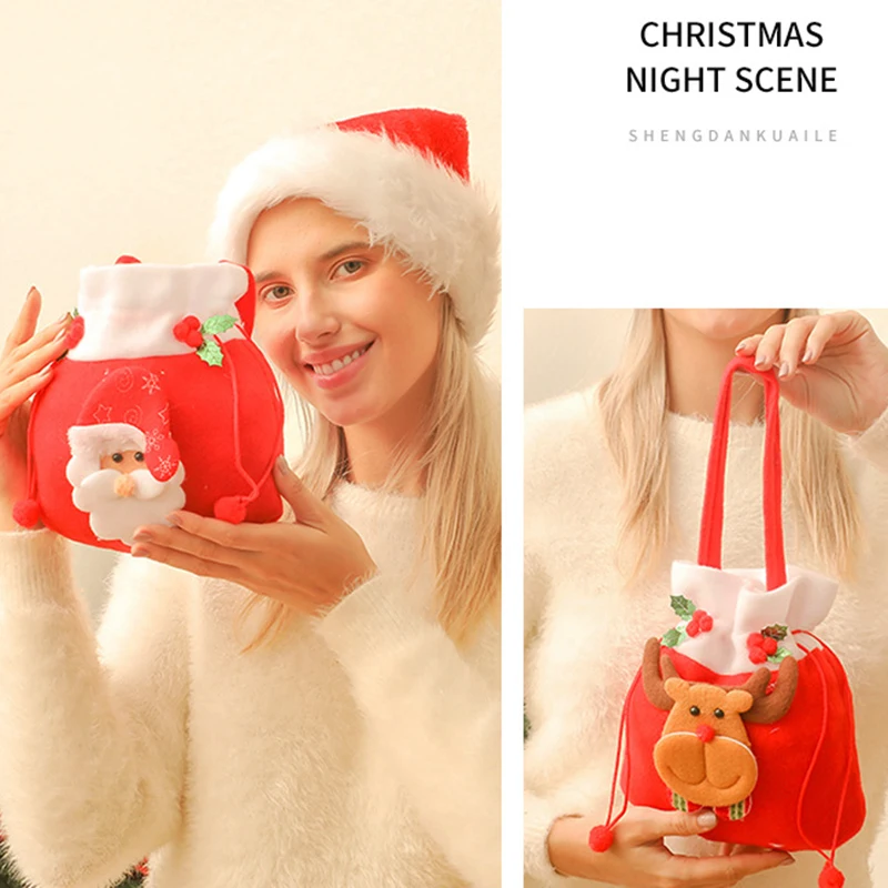4Pcs Christmas Bags Drawstring Flannel Xmas Gifts Bag Santa Sack Children Gift Storage Bag New Year Candy Pouch Snowman Elk Bear - Image 3