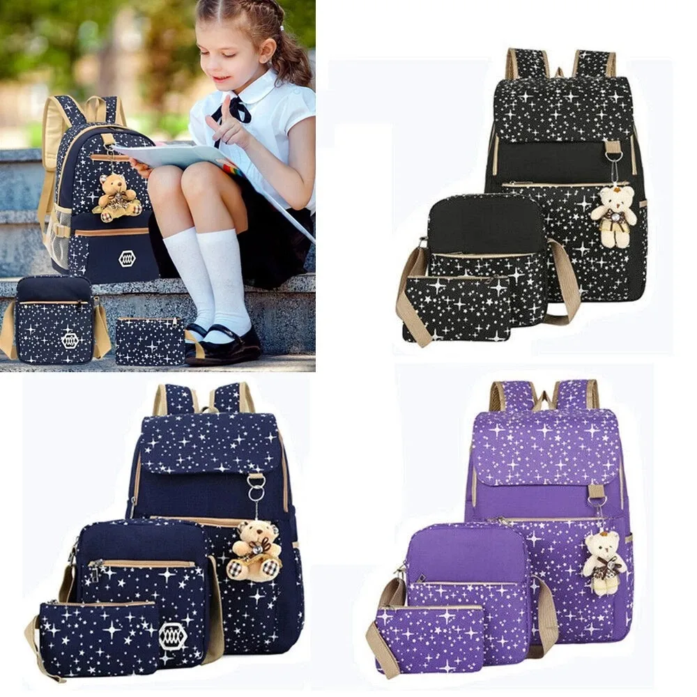 4Pcs Kids School Backpack Set for Girls Boys Waterproof Oxford Rucksack with Crossbody Bag Storage Pouch & Bear Pendant Blue - Image 2