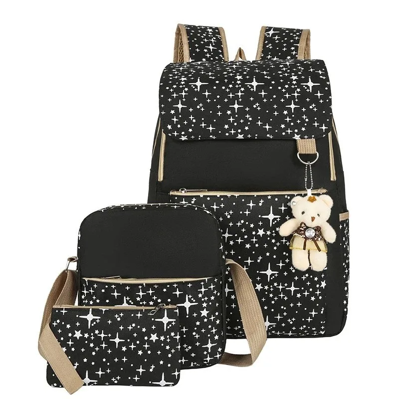 4Pcs Kids School Backpack Set for Girls Boys Waterproof Oxford Rucksack with Crossbody Bag Storage Pouch & Bear Pendant Blue - Image 6