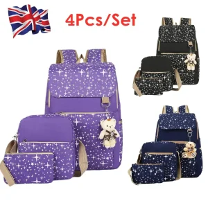 4Pcs Kids School Backpack Set for Girls Boys Waterproof Oxford Rucksack with Crossbody Bag Storage Pouch & Bear Pendant Blue