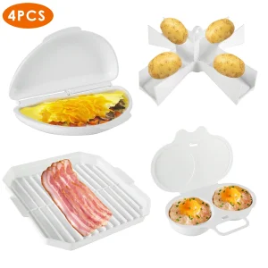 4Pcs Microwave Cooking Set Heat Resistant Oven Bacon Baking Plate Egg Steamer Fried Egg Box Potato Rack Cookware Kitchen Gadgets