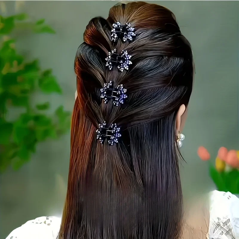 4Pcs Mini Flowers Diamonds Half-Tied Hair Clips High-End Back-Of-Head Bun Hair Claw Clip for Women Headwear Gifts Hair Accessory