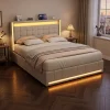 4ft6 Double Bed Frame Upholstered Platform Bed with 4 Storage Drawers & LED Storage Headboard, Linen Beige Functional Beds with LED Lighting & Charging Station,Metal-Wood Support, 3ft/4ft6/5ft bed sizes provide