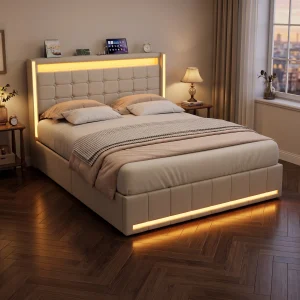 4ft6 Double Bed Frame Upholstered Platform Bed with 4 Storage Drawers & LED Storage Headboard, Linen Beige Functional Beds with LED Lighting & Charging Station,Metal-Wood Support, 3ft/4ft6/5ft bed sizes provide