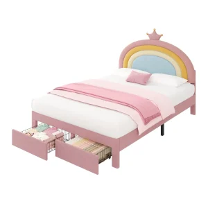 4ft6 Double Upholstered Bed with Adjustable Rainbow Headboard, Soft Velvet Bed Frame with Storage Drawer, Stylish Crown Design, No Box Spring Needed, Easy Assembly, Pink