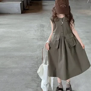 5-14Years Kids Summer Sleeveless Dresses for Girls Cotton Thank Long Dress Teens Children Casual Outfits Clothing 6 7 8 9 10 11
