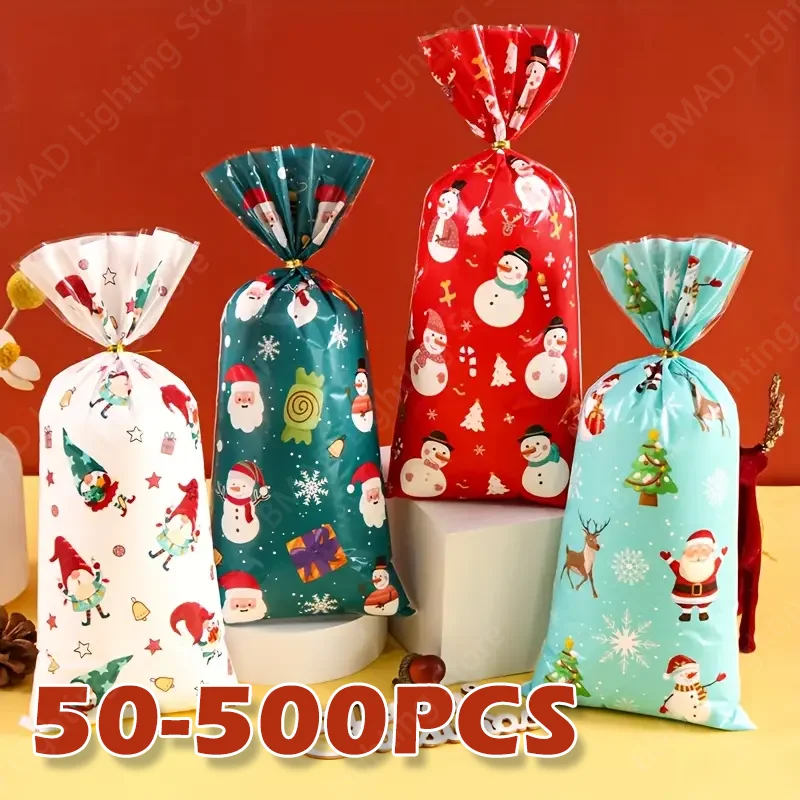 50-500PCS Christmas Gift Bags 4 Color Santa Claus Snowman Candy Bag Merry Christmas Decorations Home 2025 Gifts