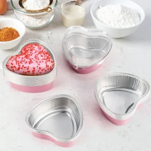 50 Pack Gift With Lids Heart Shaped Cake Pans Aluminum Material Small Size Aluminum Foil Pans Disposable Cupcake Pans Birthdays
