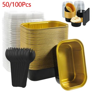 50/100Pcs Mini Cake Pans with Lids and Spoons Aluminum Foil Baking Pans Mini Chocolates Containers Muffin Tins Loaf Pans Kitchen