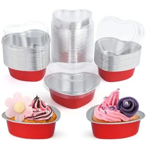 50Pcs 100ml Tin Foil Aluminum Foil Pudding Cup With Lid Heart-shaped Disposable Mini Mousse Cupcake Containers Baking Mould