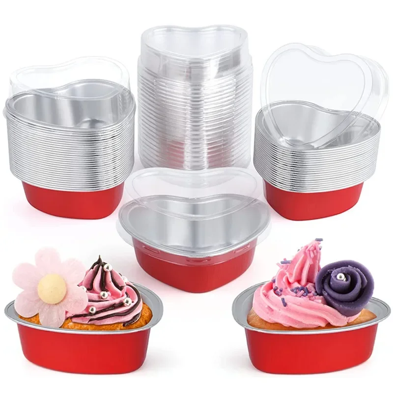 50Pcs 100ml Tin Foil Aluminum Foil Pudding Cup With Lid Heart-shaped Disposable Mini Mousse Cupcake Containers Baking Mould