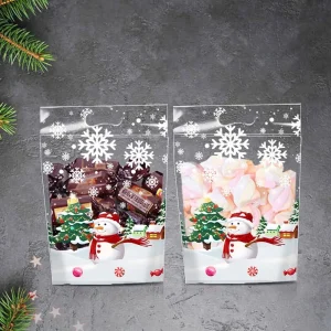 50Pcs Merry Christmas Christmas Candy Bag Gift Packages Plastic Bags Xmas Packaging Bags Biscuits Snack Snowflake Pastry
