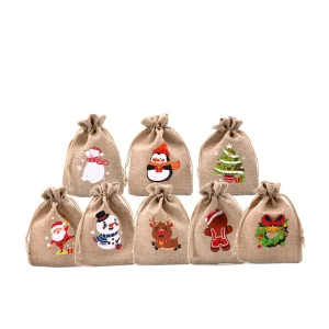 50pcs Christmas Linen Bags Cartoon Santa Claus Snowman Candy Gifts Drawstring Bag for Xmas Party Packaging Storage Pouches