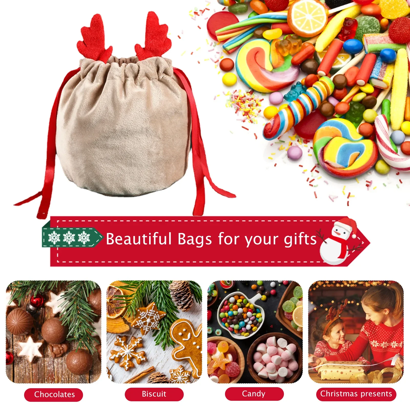 5/10 Christmas Reindeer Drawstring Gift Bag, Reusable Velvet Santa Claus Candy Gift Bag, Party Gift Decoration - Image 2