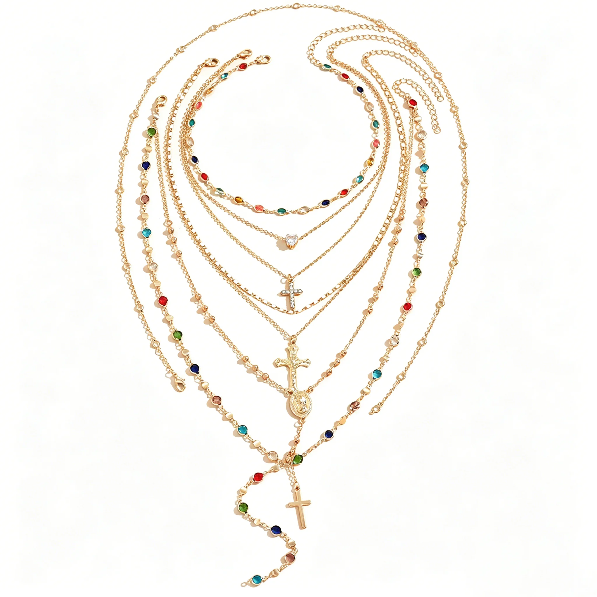 5Pcs Gold Layered Cross Pendant Necklace Set Colorful Rhinestone Y2K Adjustable Summer Fashion Jewelry for Women - Image 5