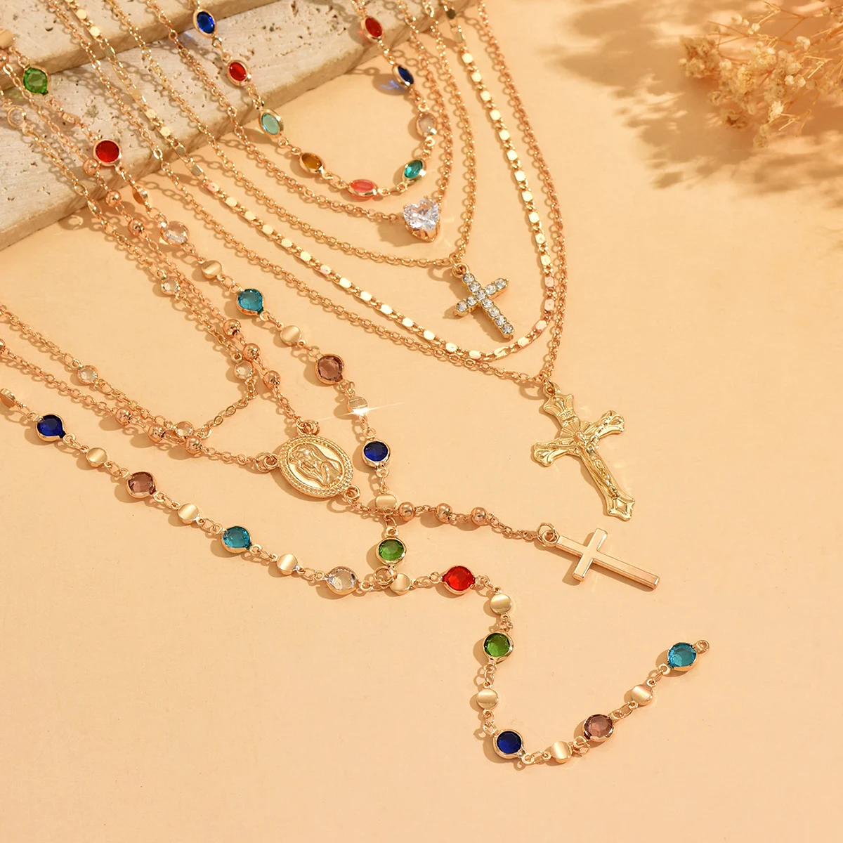 5Pcs Gold Layered Cross Pendant Necklace Set Colorful Rhinestone Y2K Adjustable Summer Fashion Jewelry for Women - Image 4