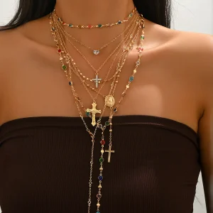 5Pcs Gold Layered Cross Pendant Necklace Set Colorful Rhinestone Y2K Adjustable Summer Fashion Jewelry for Women