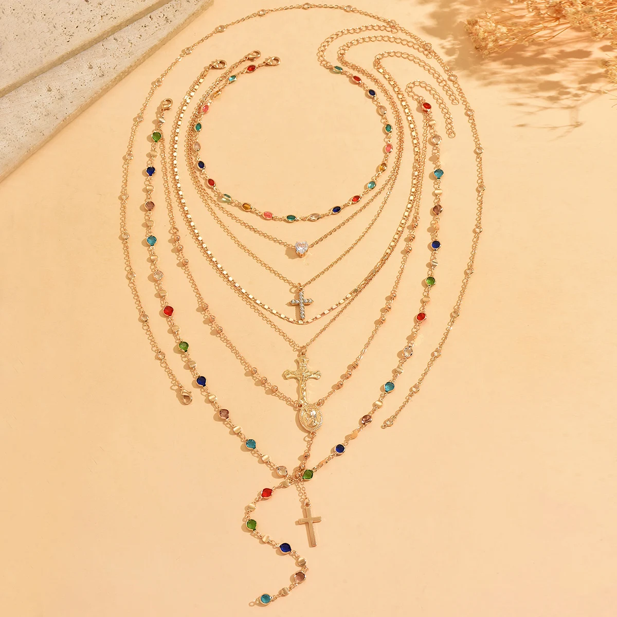 5Pcs Gold Layered Cross Pendant Necklace Set Colorful Rhinestone Y2K Adjustable Summer Fashion Jewelry for Women - Image 6