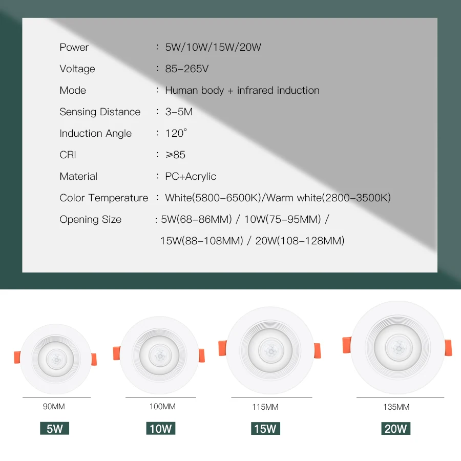 5W 10W 15W 20W PIR Motion Sensor Downlight 85-265V Human Infrared Induction LED Spotlight for Entrance Corridor Hallway Stairs - Image 2
