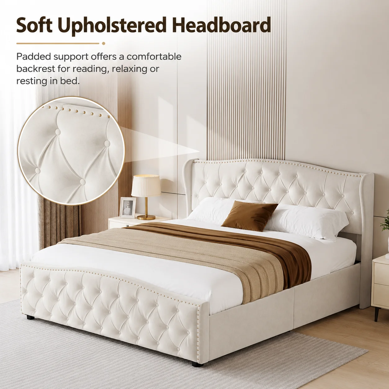 5ft Double Bed, Upholstered Bed 150x200 cm with Slats and Headboard, Modern Plush Velvet Double, Bed Frame with Under-bed Storage, Without Mattress - Image 4