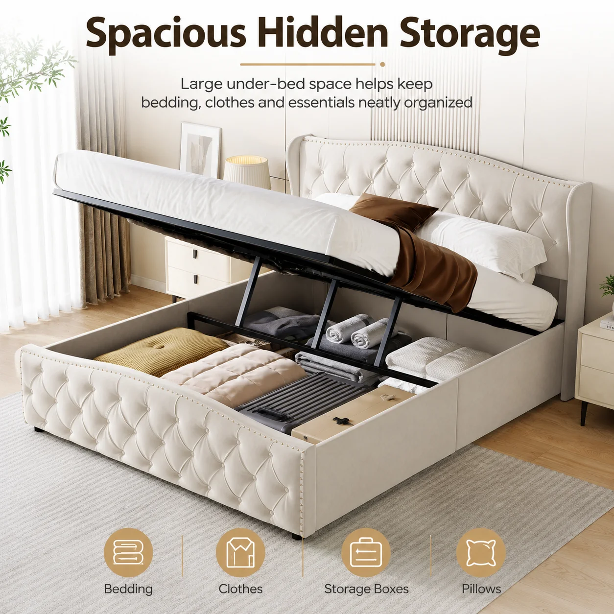 5ft Double Bed, Upholstered Bed 150x200 cm with Slats and Headboard, Modern Plush Velvet Double, Bed Frame with Under-bed Storage, Without Mattress - Image 2