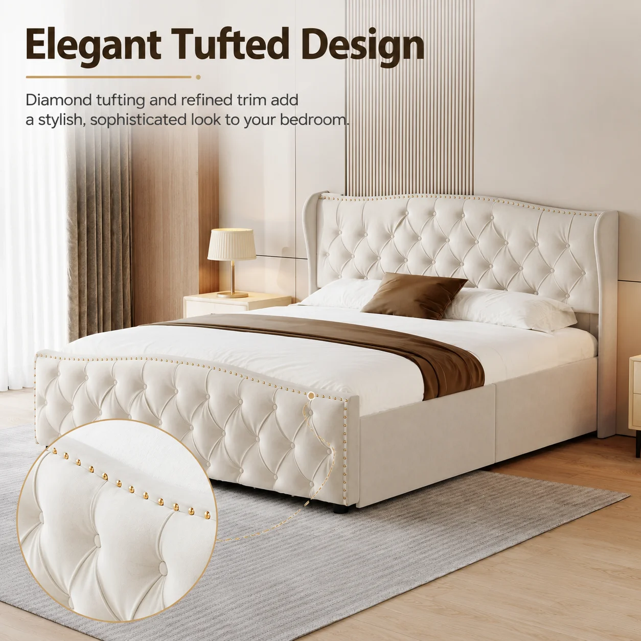 5ft Double Bed, Upholstered Bed 150x200 cm with Slats and Headboard, Modern Plush Velvet Double, Bed Frame with Under-bed Storage, Without Mattress - Image 5