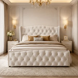 5ft Double Bed, Upholstered Bed 150x200 cm with Slats and Headboard, Modern Plush Velvet Double, Bed Frame with Under-bed Storage, Without Mattress