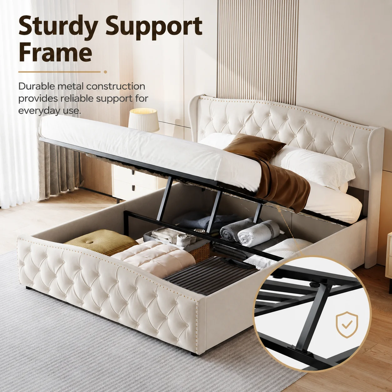 5ft Double Bed, Upholstered Bed 150x200 cm with Slats and Headboard, Modern Plush Velvet Double, Bed Frame with Under-bed Storage, Without Mattress - Image 6