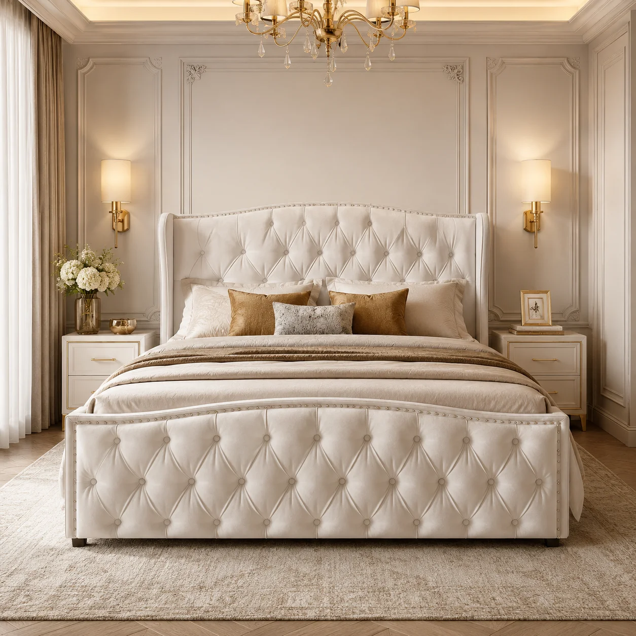 5ft Double Bed, Upholstered Bed 150x200 cm with Slats and Headboard, Modern Plush Velvet Double, Bed Frame with Under-bed Storage, Without Mattress