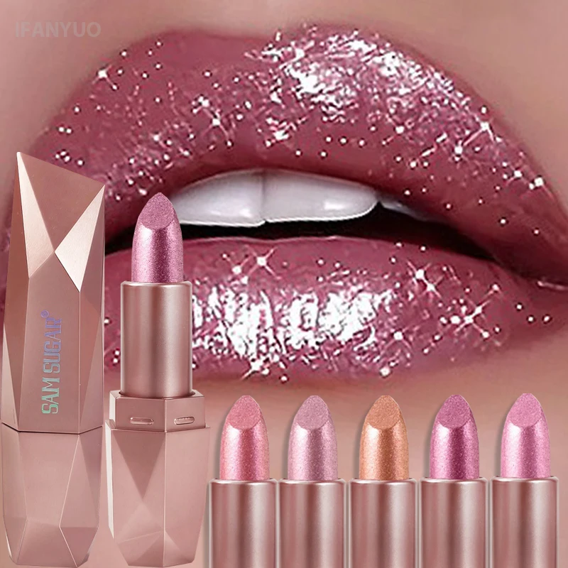 6 Colors Glitter Coral Gold Lipstick Diamond Pink Peach Sparkling Lip Color Highly Pigmented Lip Tint Balm Metallic Lip Makeup - Image 4