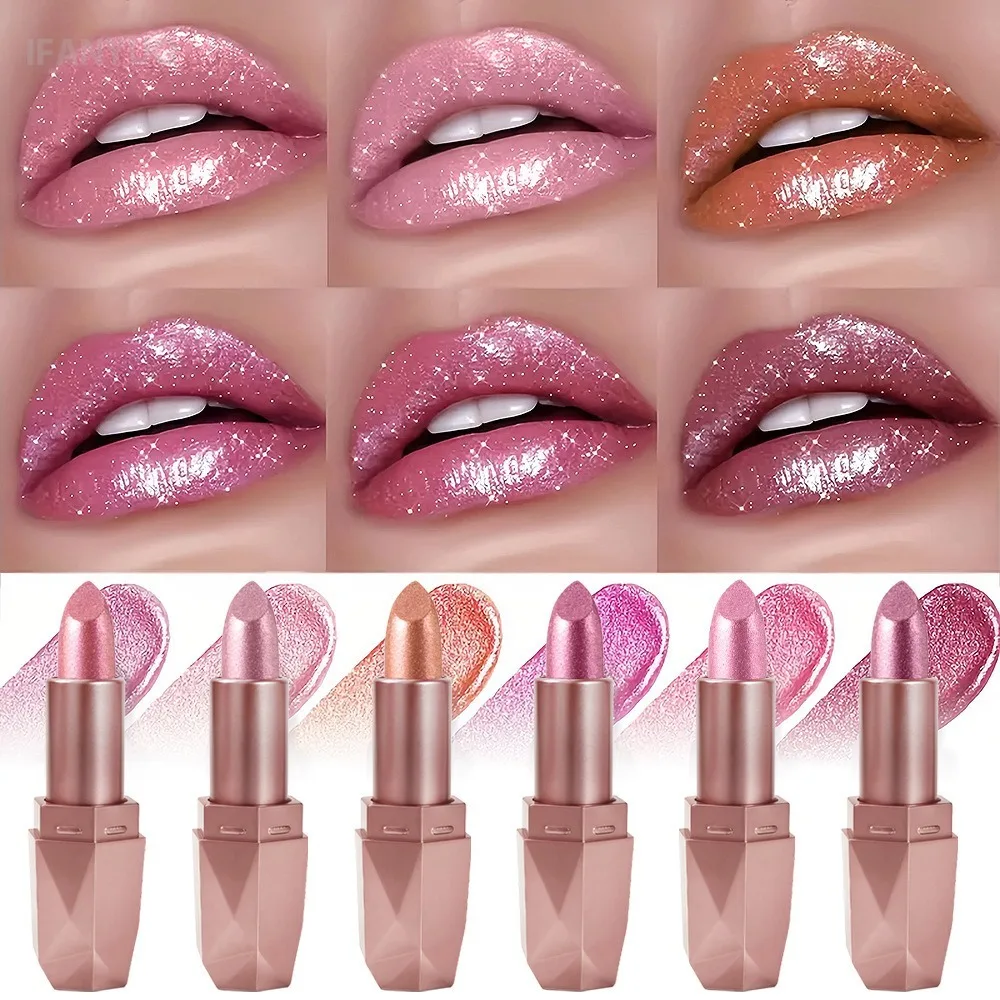 6 Colors Glitter Coral Gold Lipstick Diamond Pink Peach Sparkling Lip Color Highly Pigmented Lip Tint Balm Metallic Lip Makeup - Image 3